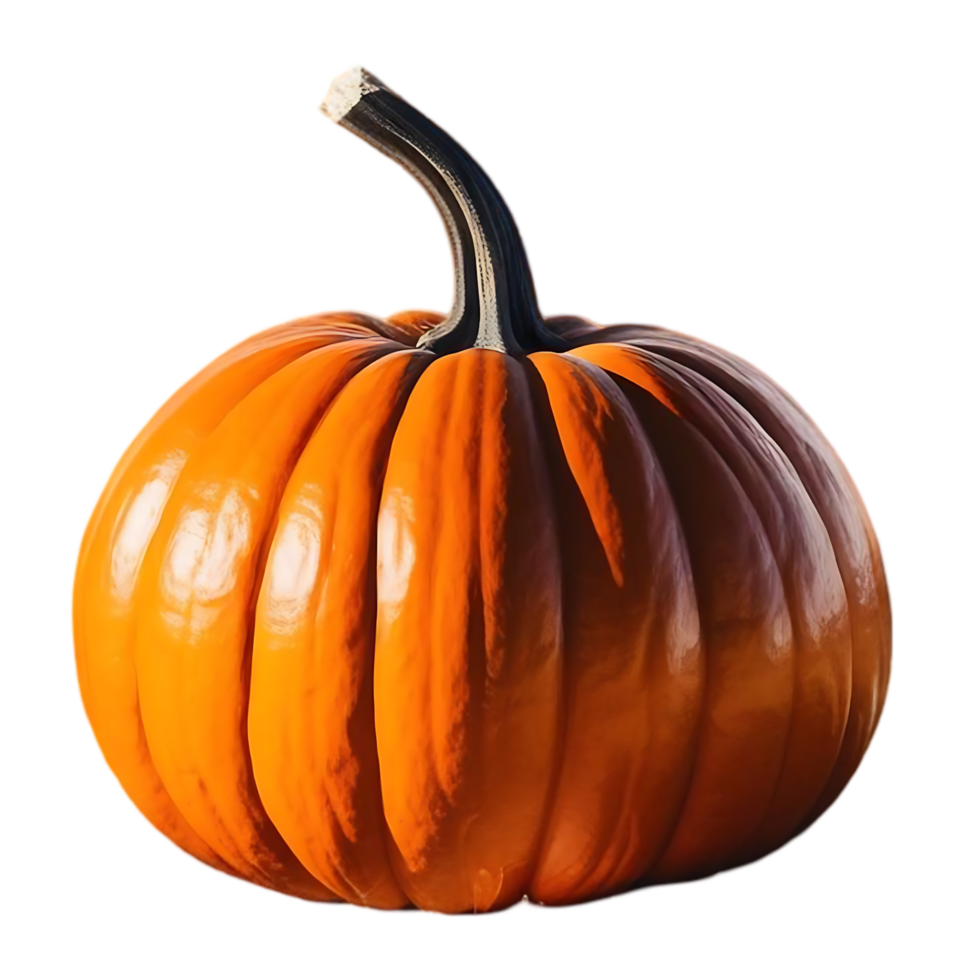 Bright Orange Pumpkin with Curved Black Stem on Transparent Background png