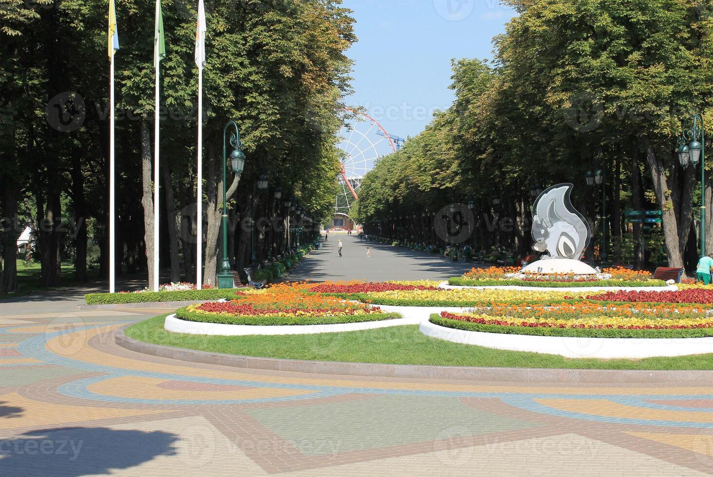Flat sculpture of a squirrel in the summer flowers in Gorky Park in Kharkov. photo