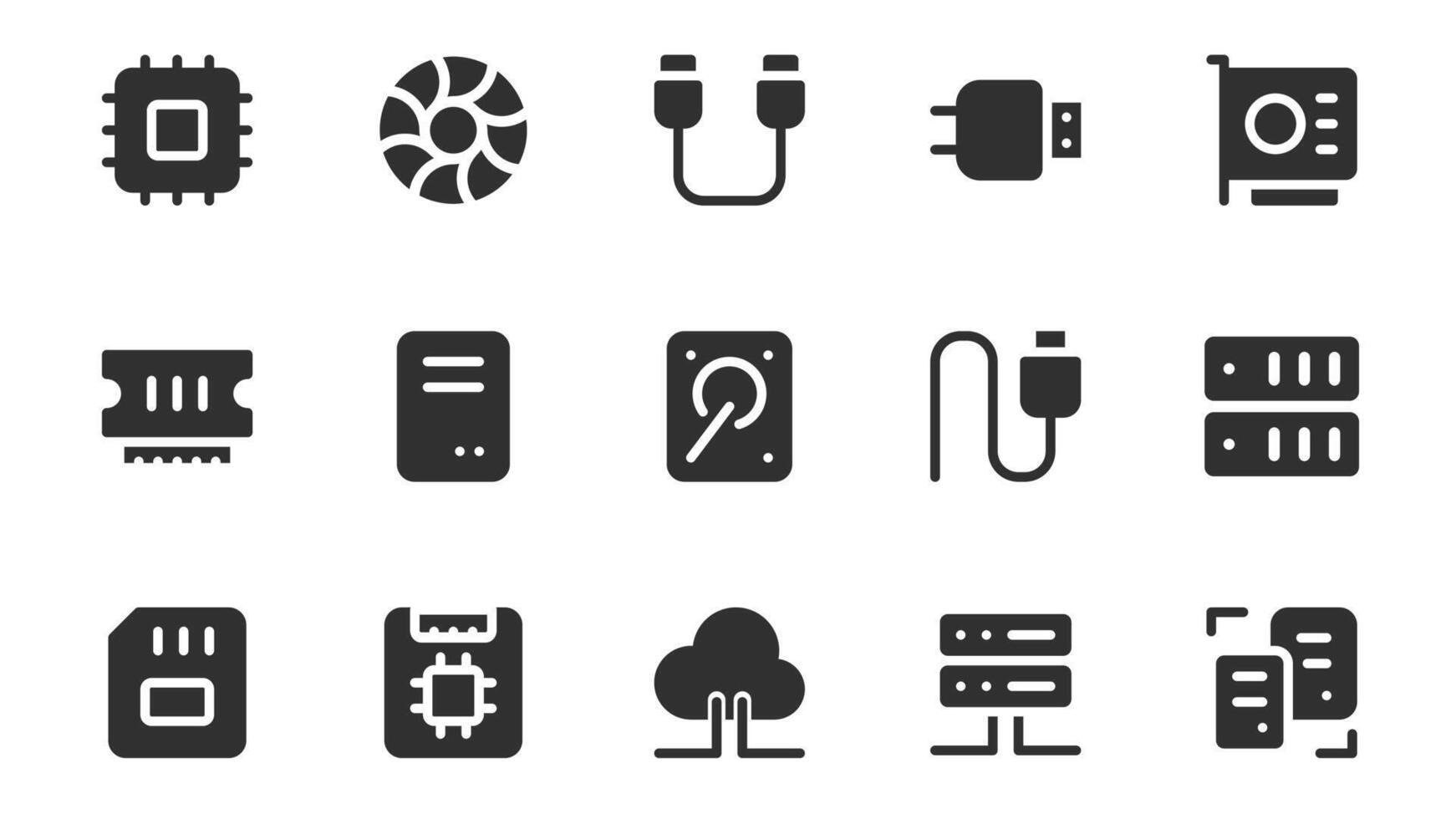 Hardware components glyph icons pack for web design. Solid icon set with circuit, microchip, memory card, usb cable, motherboard, processor, server, computer and more pictograms. illustration. vector