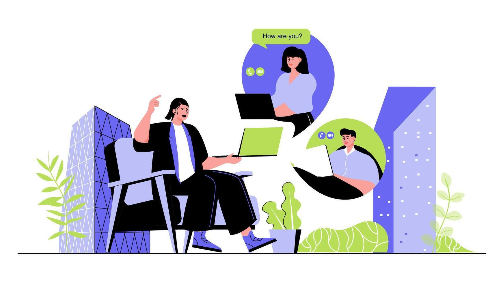 Person communicating via laptop in illustration vector