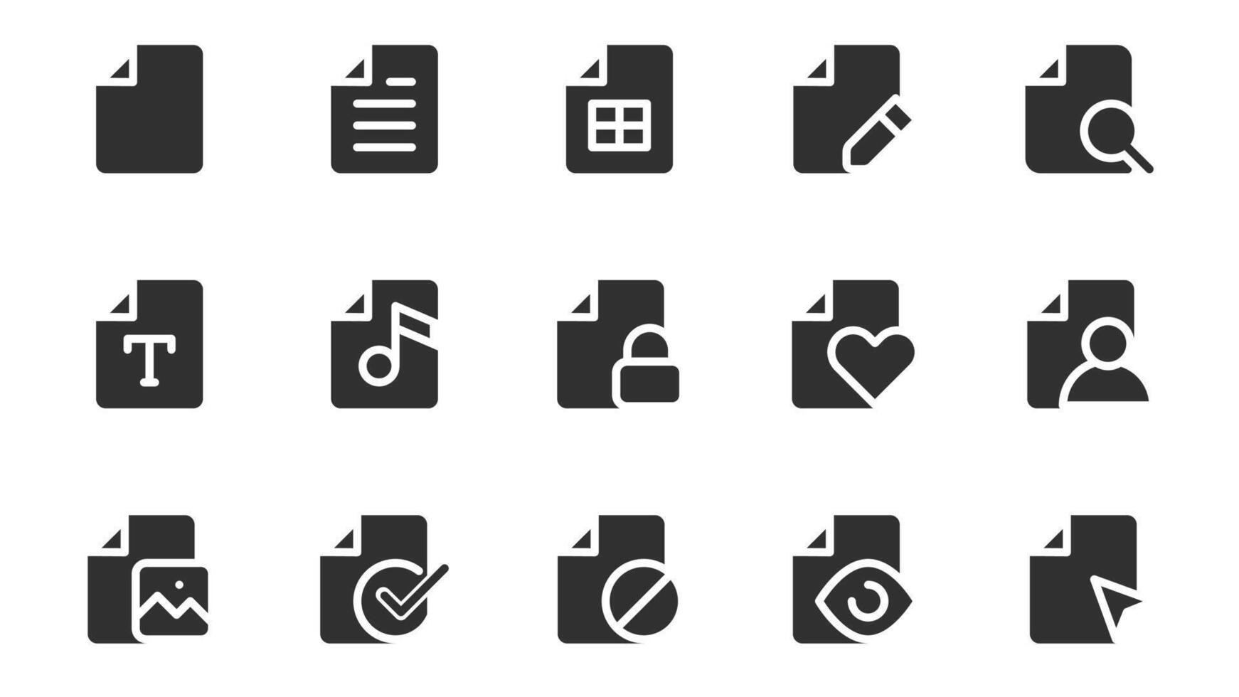 Files glyph icons pack for web design. Solid icon set with documents with text or tables, contract, typescript, search, security lock, approval, decline and more pictograms. illustration. vector