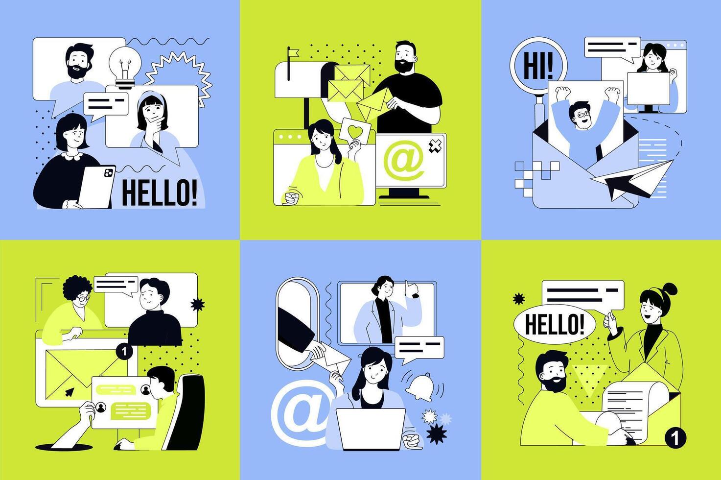 Digital communication illustration with diverse characters vector