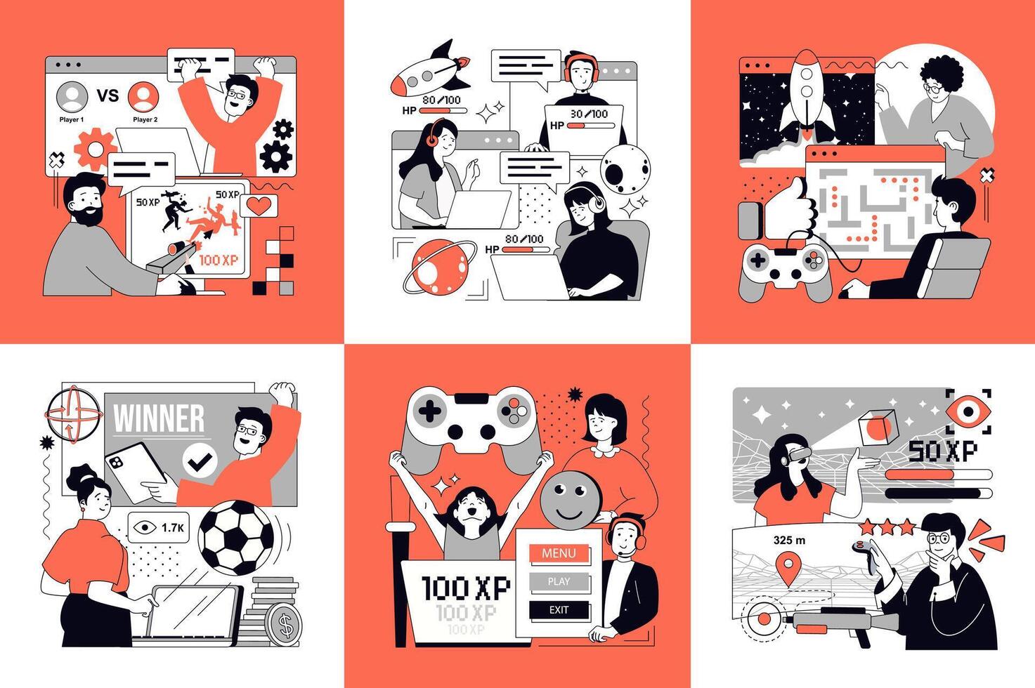 Gaming illustrations with diverse characters and themes vector