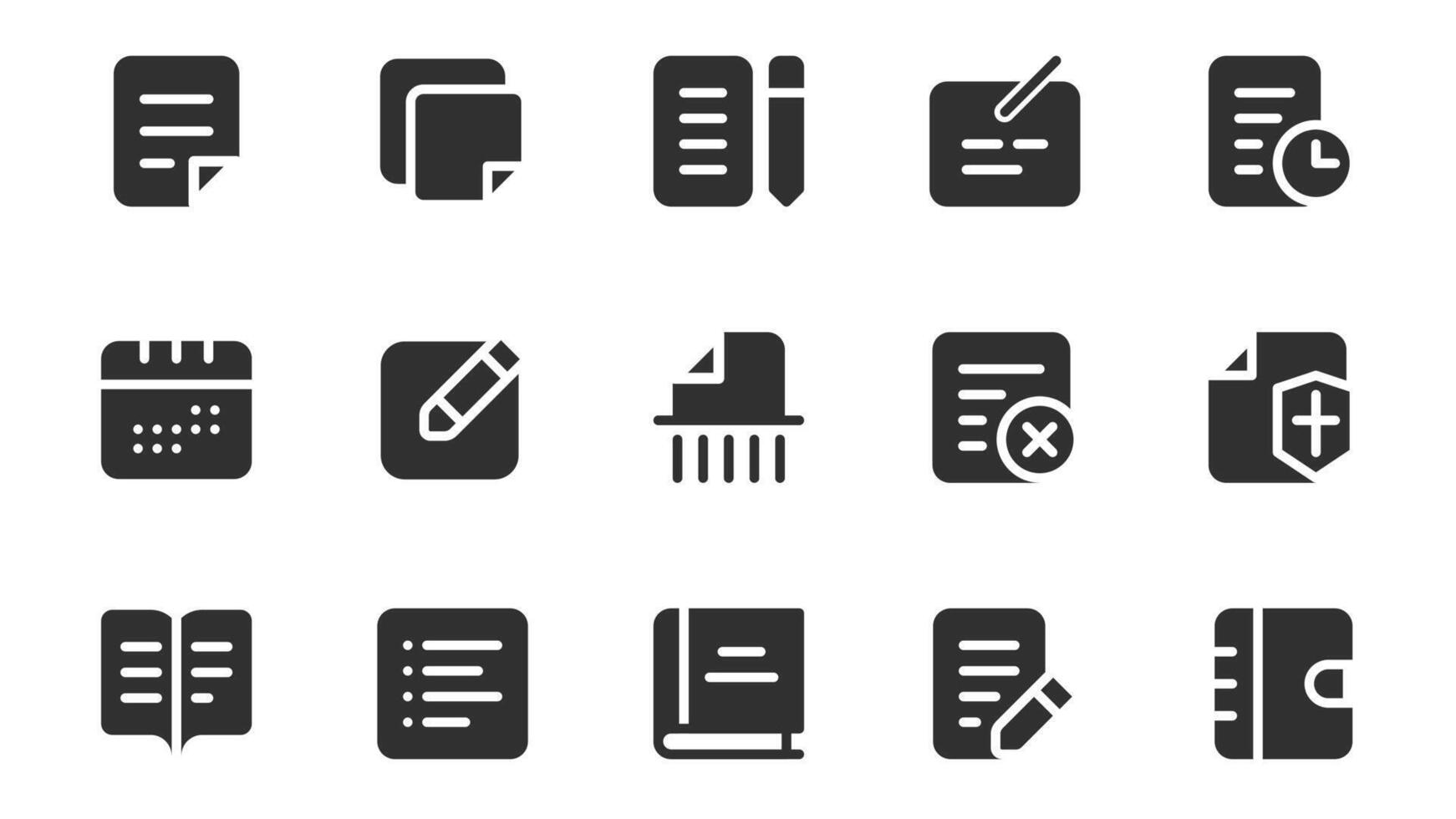 Content edit glyph icons pack for web design. Solid icon set with text, document file, pen writing, article, deadline, calendar, blog, message, social media and more pictograms. illustration. vector