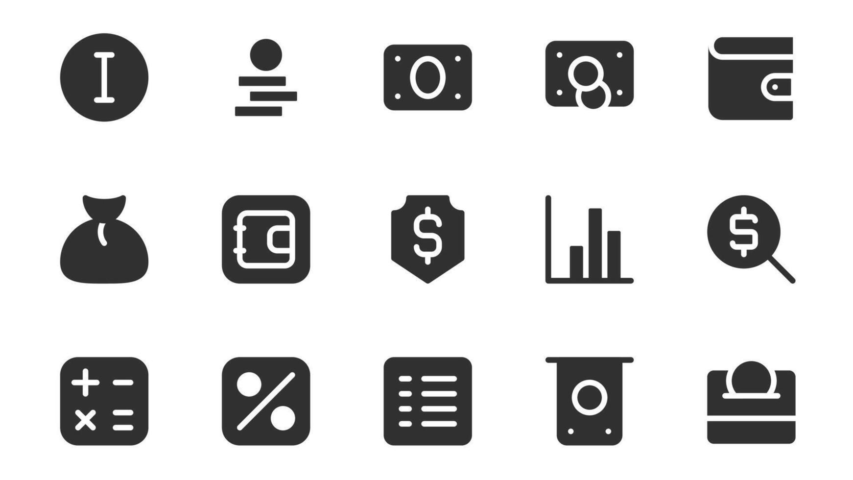 Money and finance glyph icons pack for web design. Solid icon set with info, coin, cash, banknote, credit card, wallet, safe, protection, search, calculation and more pictograms. illustration. vector