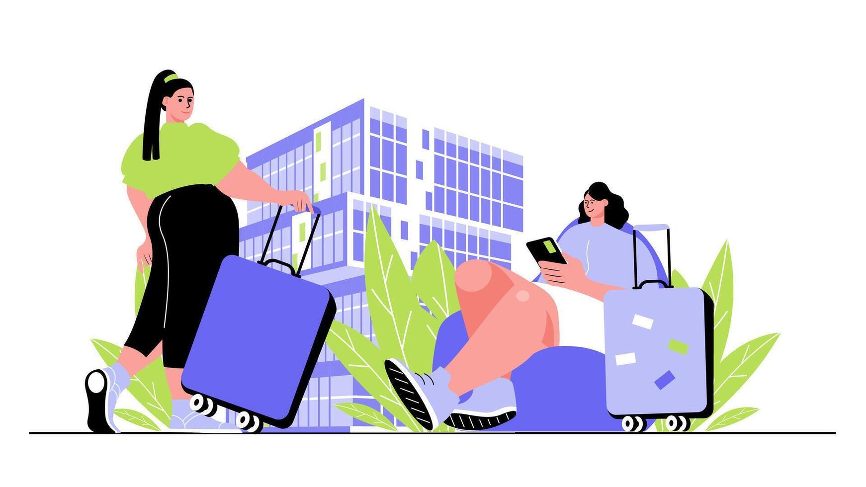 two travelers with luggage in city vector