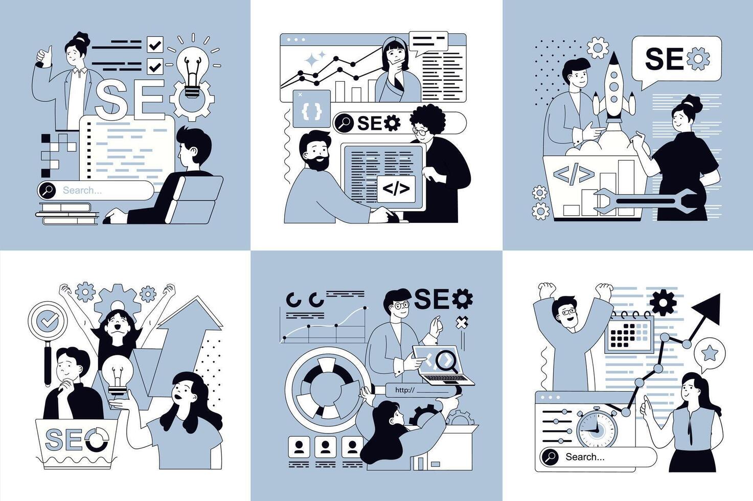 Seo optimization concept of social media banners set for web design. People research website traffic data, finding query in browser, selecting keywords, optimizes site metrics. illustrations. vector