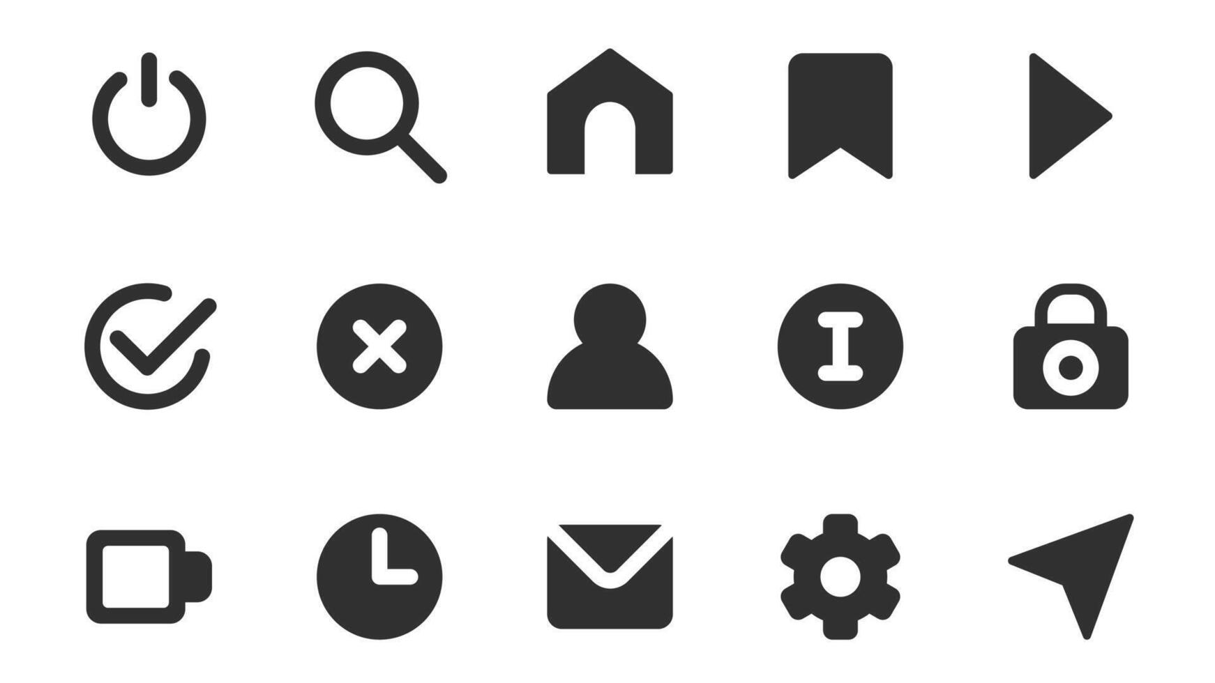 Interface essential glyph icons pack for web design. Solid icon set with basic buttons, power on off, search, home, bookmark, play, approval, decline, info and more pictograms. illustration. vector