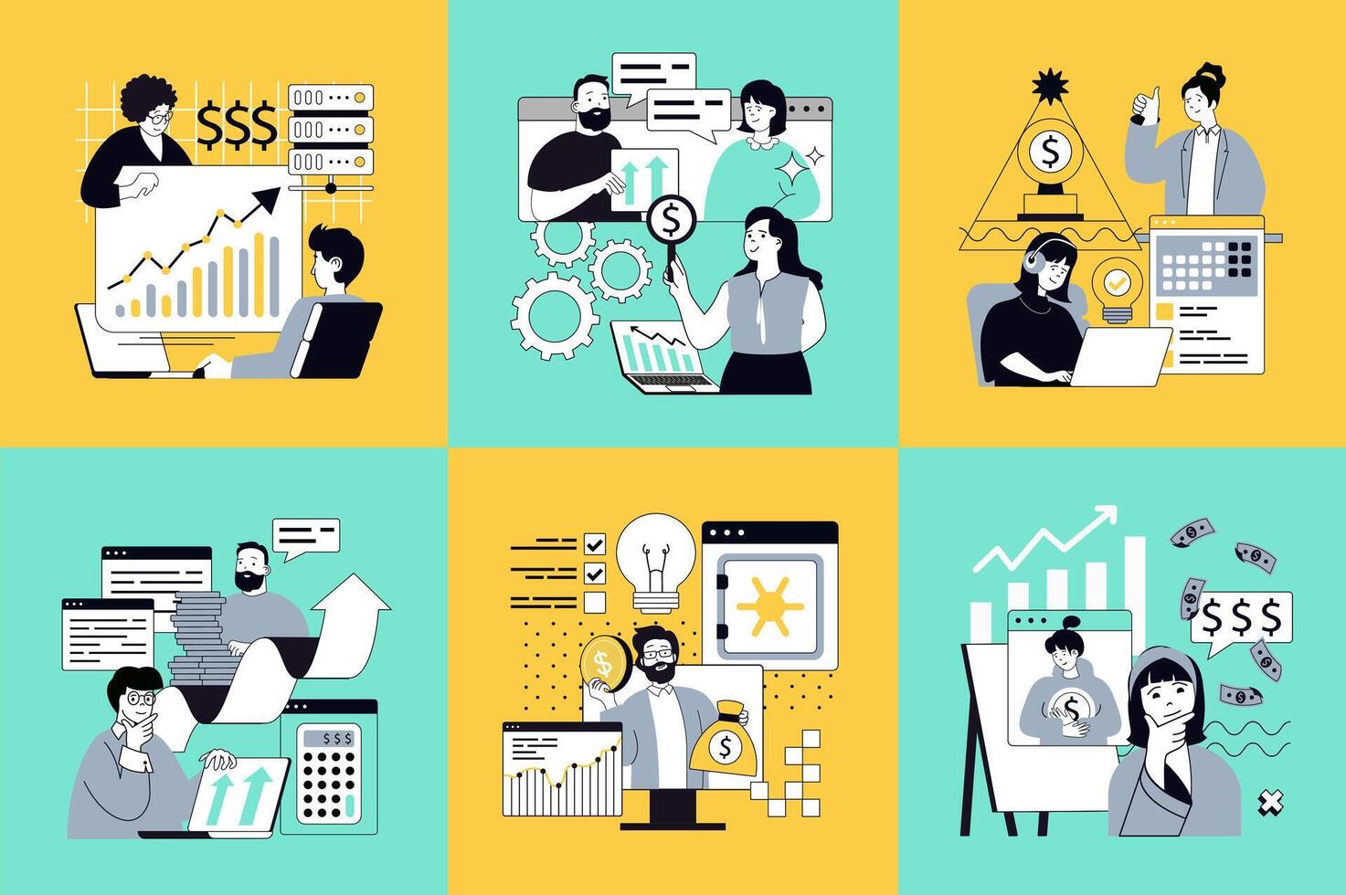 Business technology concept of social media banners set for web design. People analyzing finance data, planning strategy, investing, earning money, brainstorming, meeting online. illustrations. vector