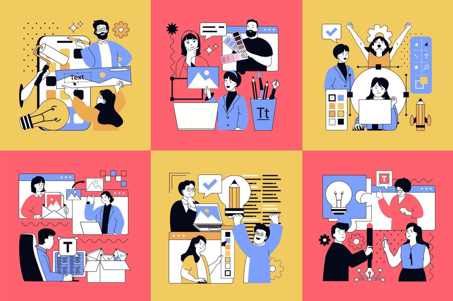 Graphic web design concept of social media banners set. People working on website, finding creative ideas for project, coding and programming, designers drawing digital content. illustrations. vector
