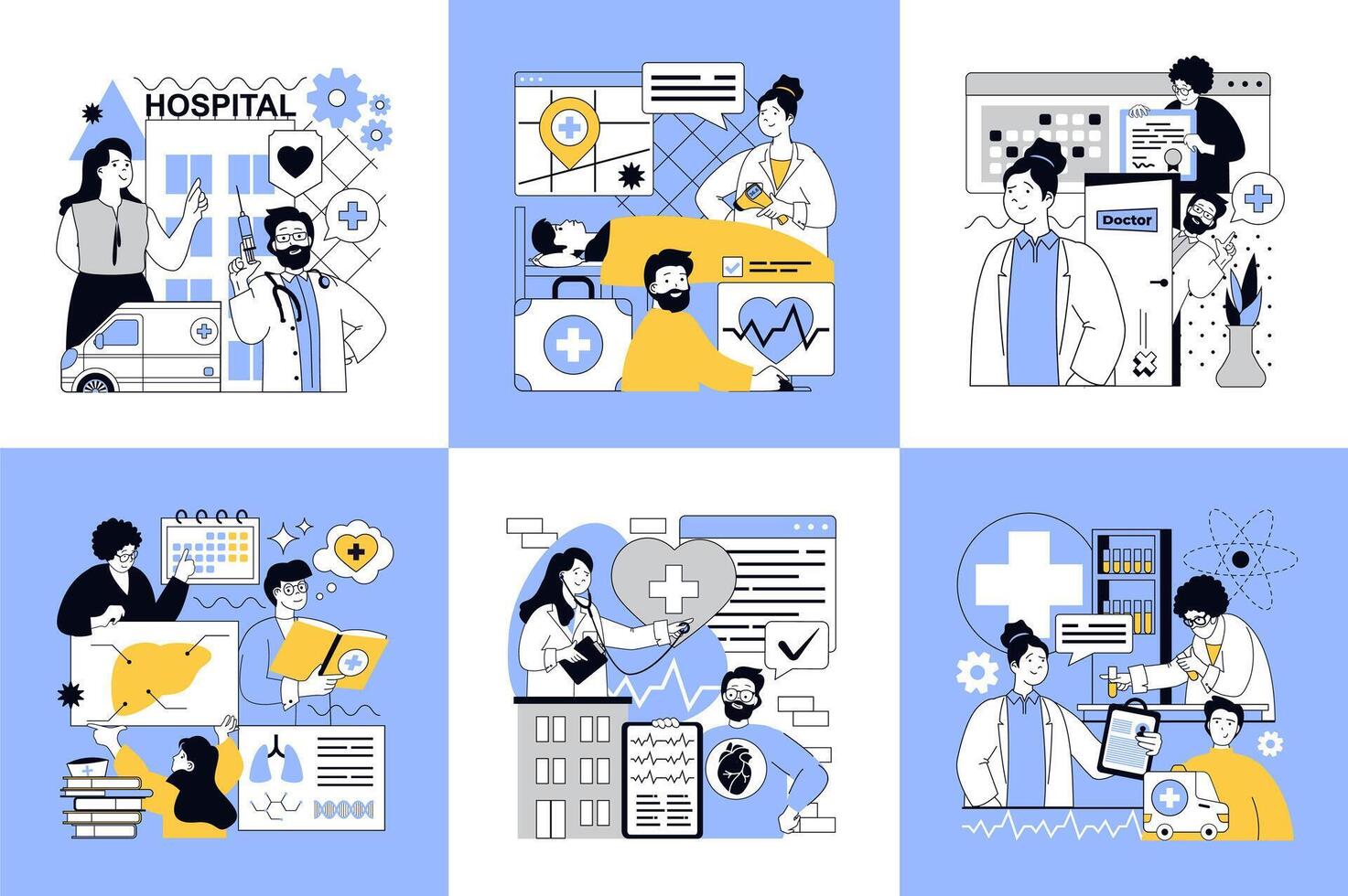 Healthcare and medical concept of social media banners set for web design. People working in hospital and ambulance, patients in ward, doctors making diagnosis and treatment. illustrations. vector