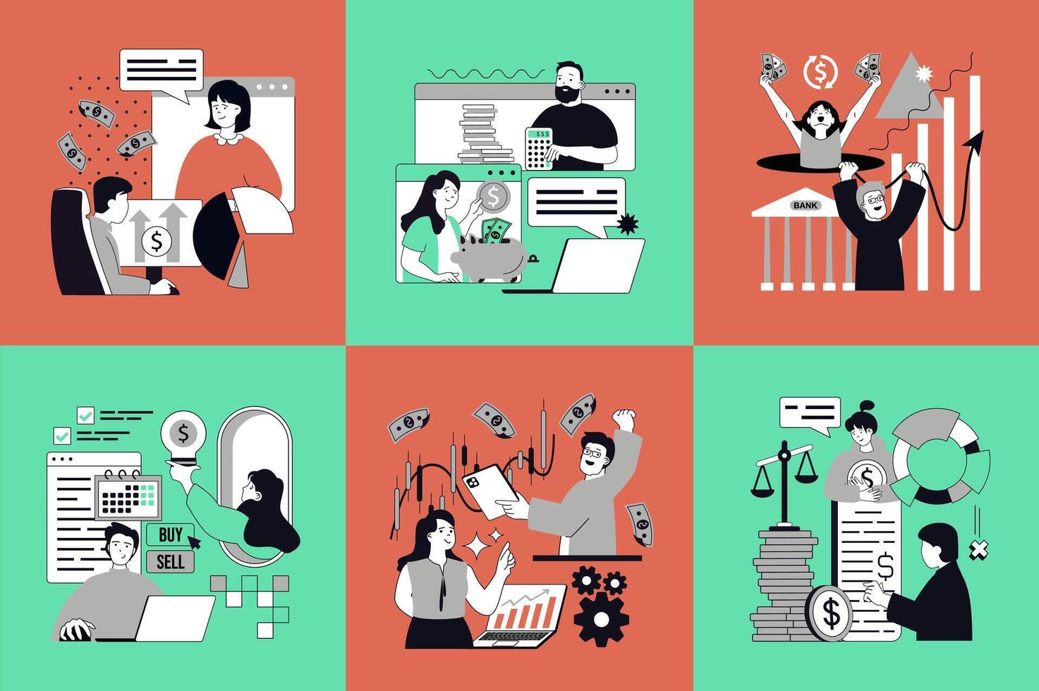 Business and finance concept of social media banners set for web design. People making financial analysis with graphs, planning strategy, investing in company, earning money. illustrations. vector