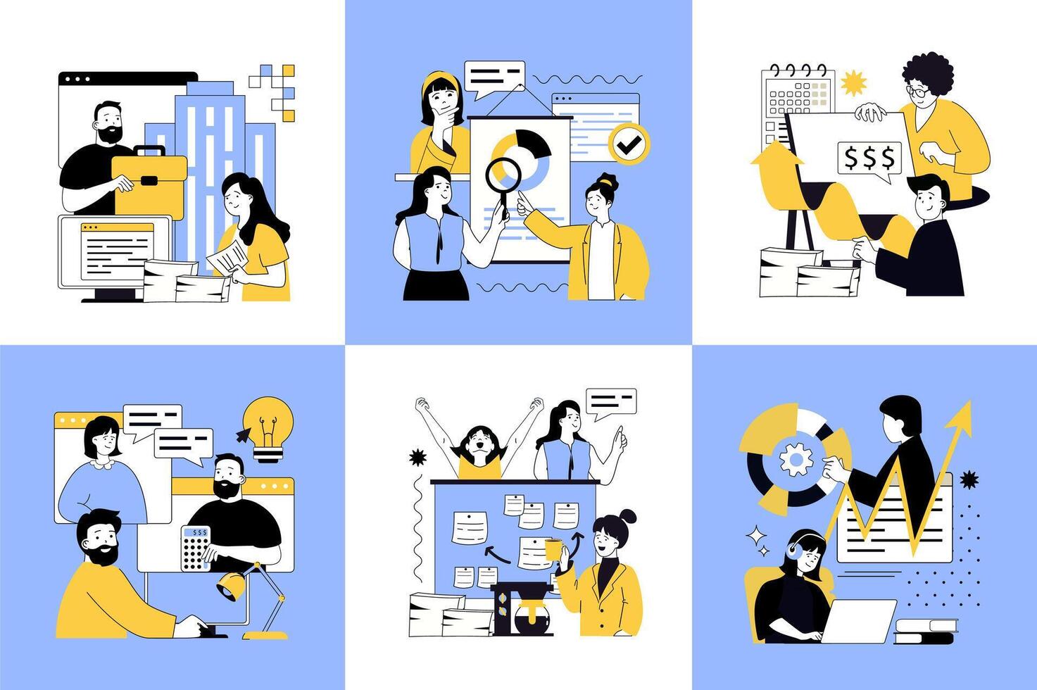 Basic office concept of social media banners set for web design. People communicating, developing business, brainstorming, making investments, planning strategy, earning money. illustrations. vector