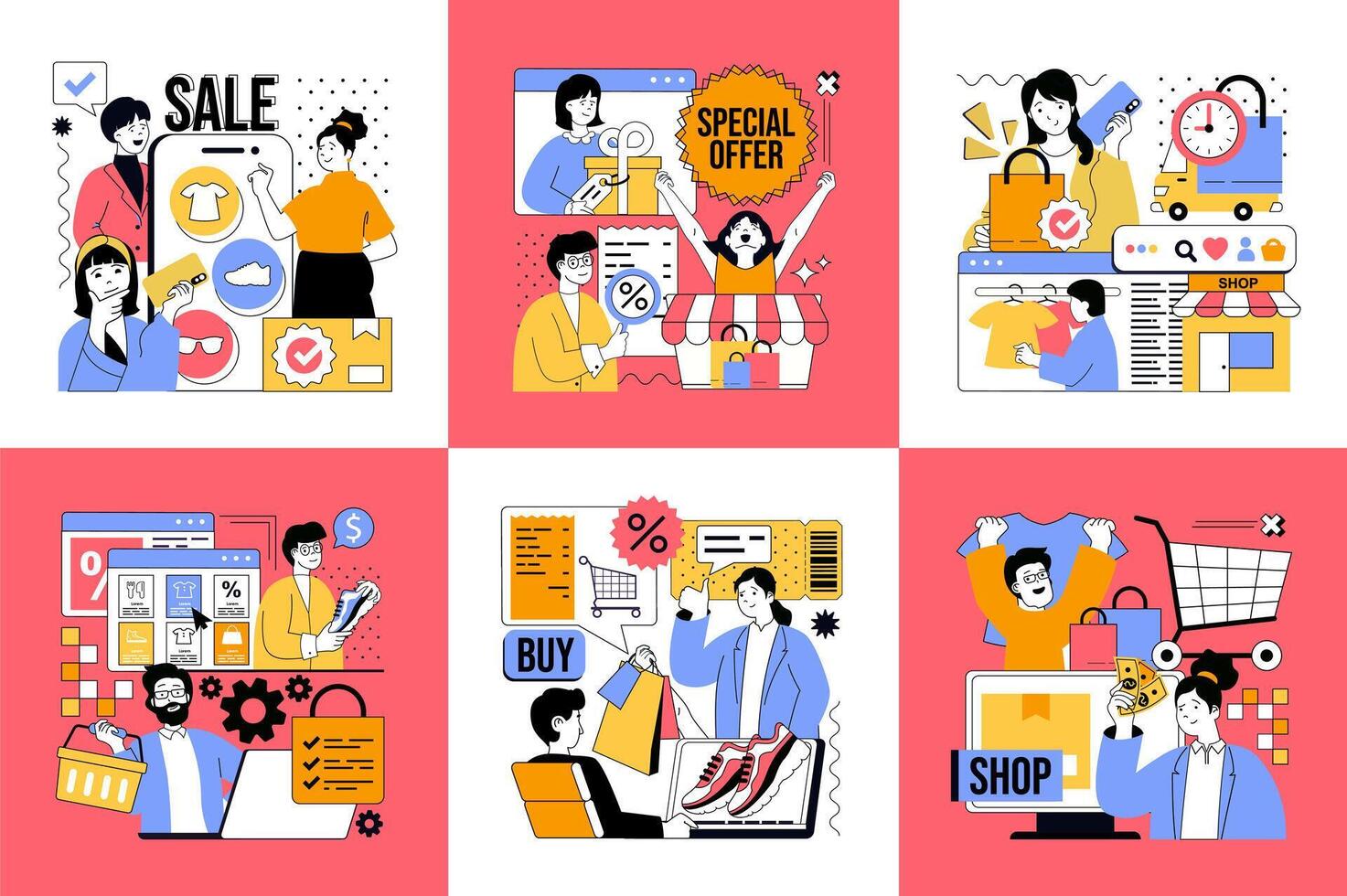 Shopping and Ecommerce concept of social media banners set for web design. People buying in online stores, making purchases with bargain discount prices, paying credit card. illustrations. vector
