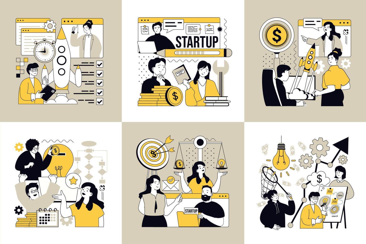 Startup concept of social media banners set for web design. People launching new business, analyzing data, planning project strategy, investment, entrepreneur developing company. illustrations. vector