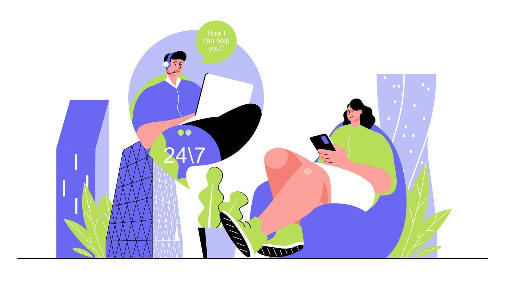Support center concept for modern web design. People advising and helping customers around clock, answering calls and online messages in chats. Flat illustration isolated on white background. vector