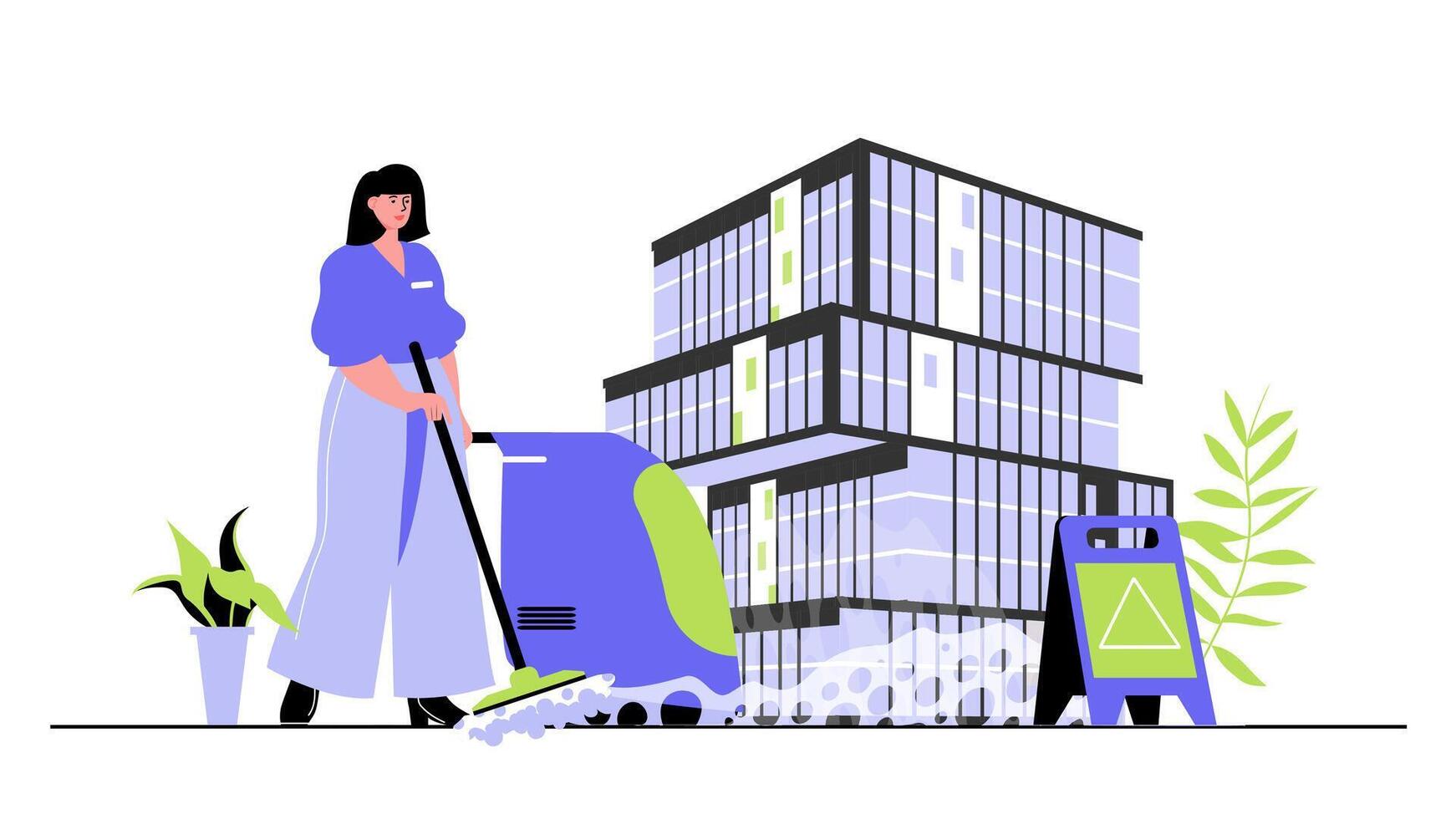 Cleaning service concept for modern web design. People working in cleaning team, woman in uniform with mops, housekeeper washing in office. Flat illustration isolated on white background. vector