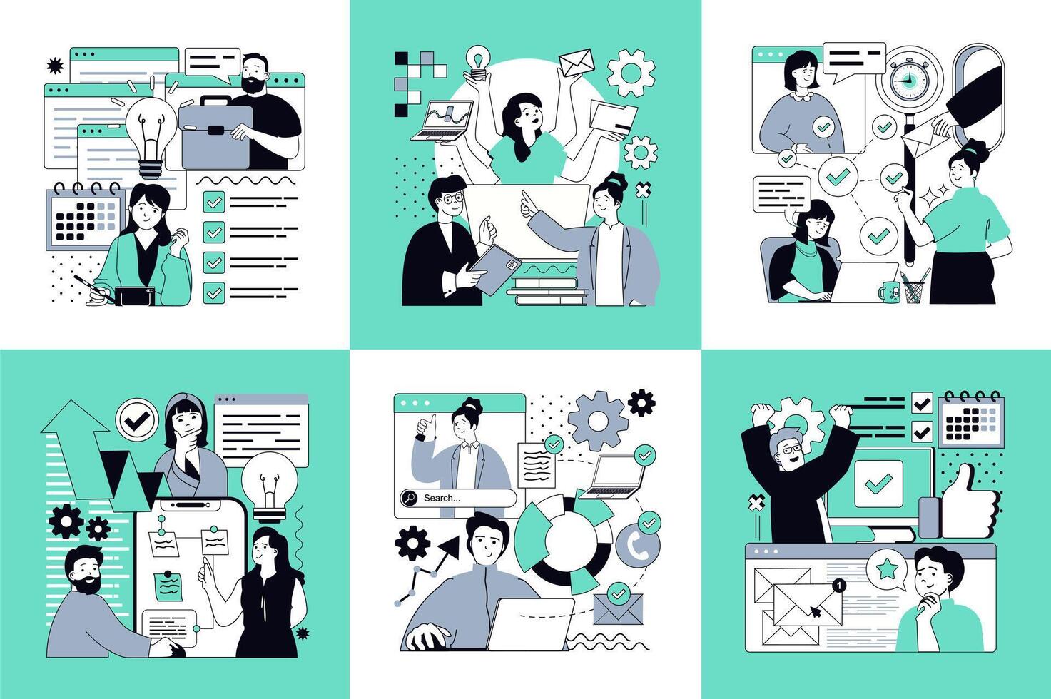 Project management concept of social media banners set for web design. People marking tasks with checklist, teamwork brainstorming, discussion meeting, doing plan and goals. illustrations. vector