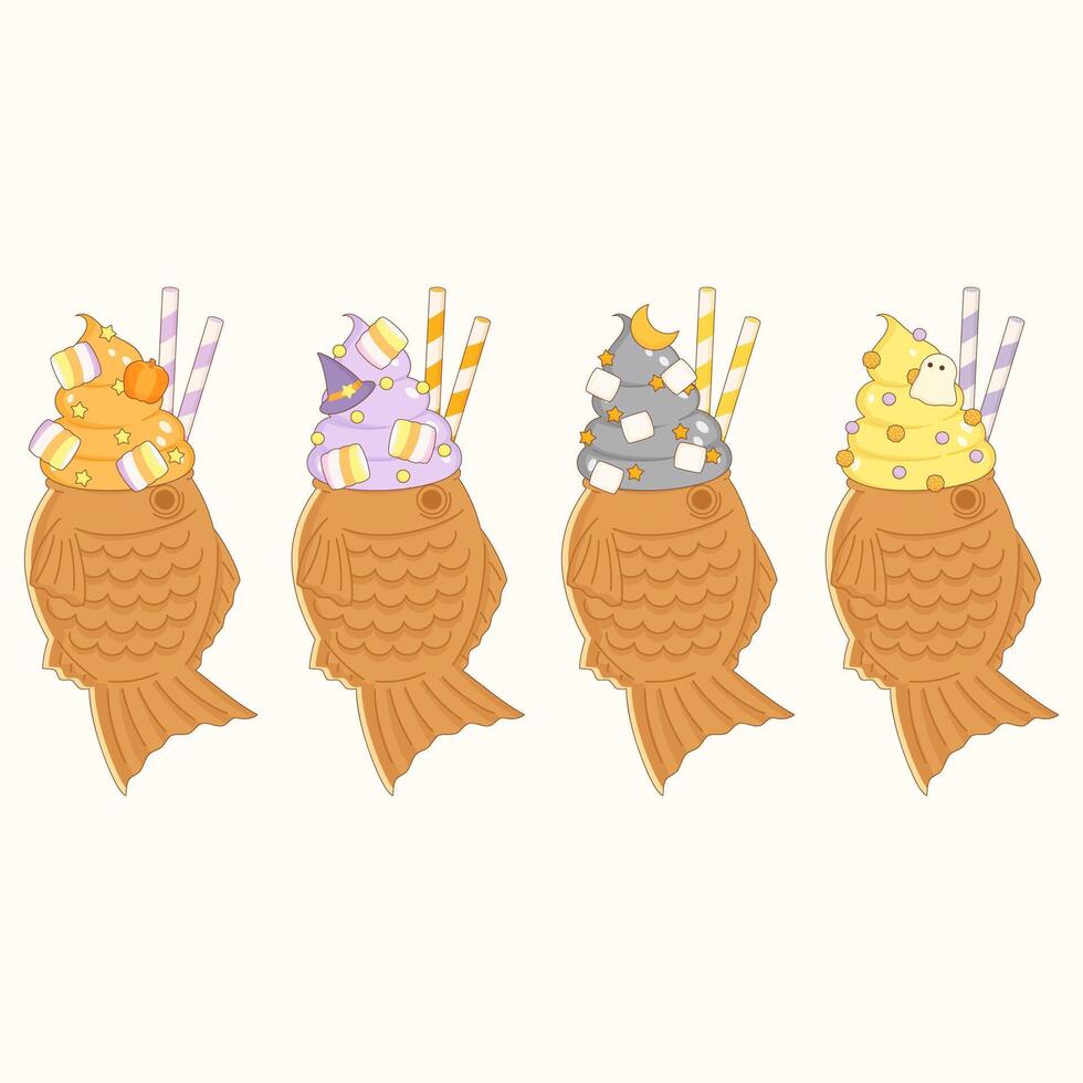 Fish-shaped dessert cones with toppings vector