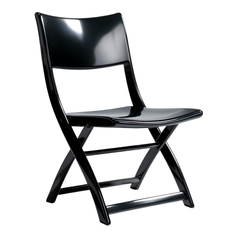 Sleek Black Folding Chair with Glossy Finish and Minimalist Design on Transparent Background png
