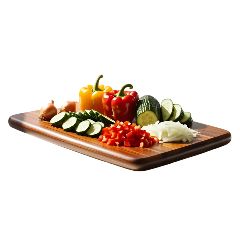 Assorted vegetables on a wooden cutting board png