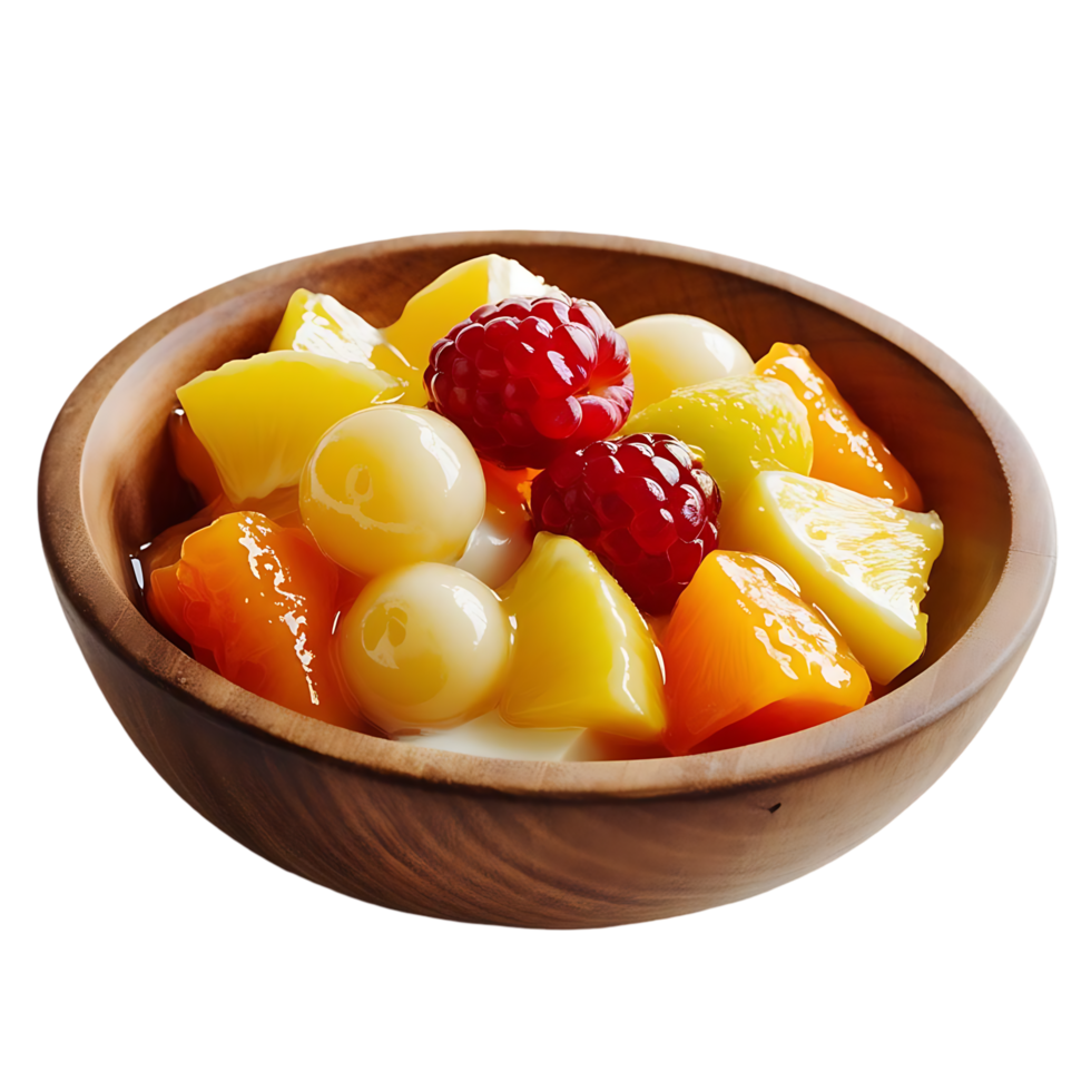 Wooden Bowl of Colorful Fruit Salad with Pineapple, Peach, Lychee, and Raspberries png