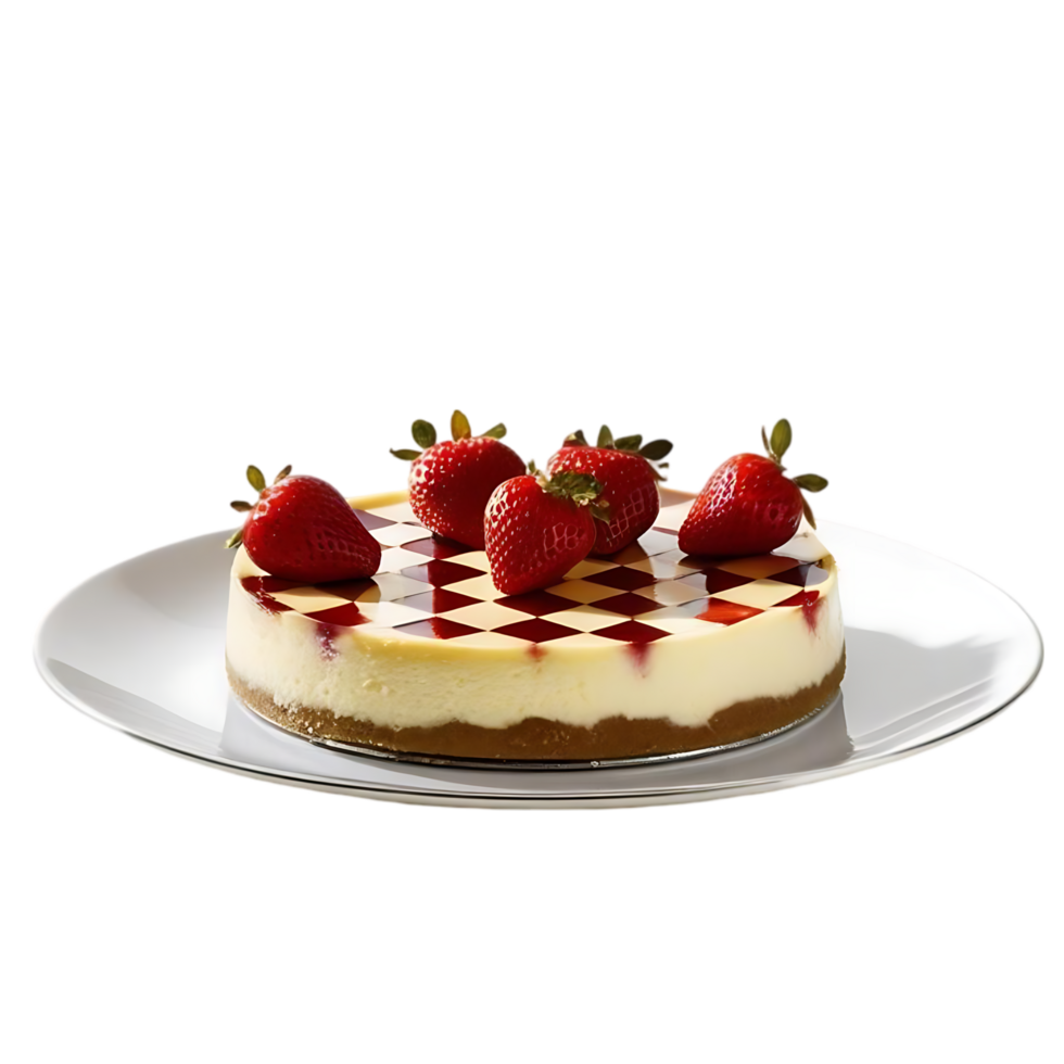 Creamy Cheesecake with Glossy Checkered Topping and Fresh Strawberries on White Plate png