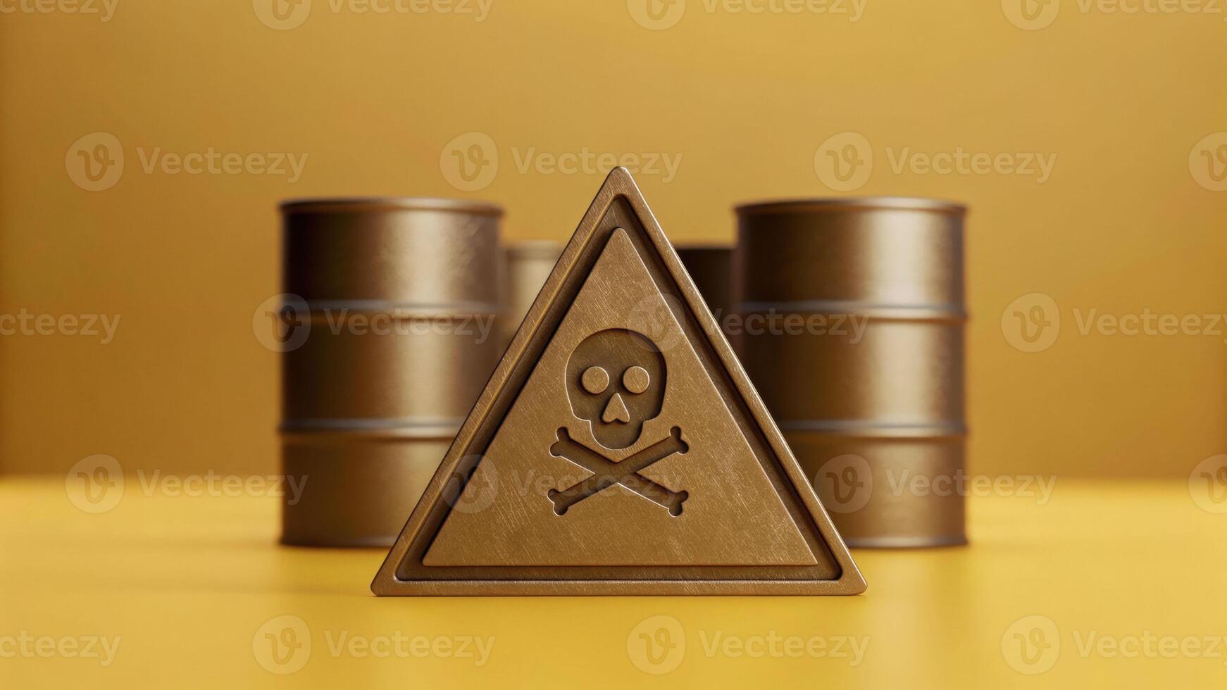 Toxic exposure warning sign with skull and crossbones in front of metal barrels on yellow background photo