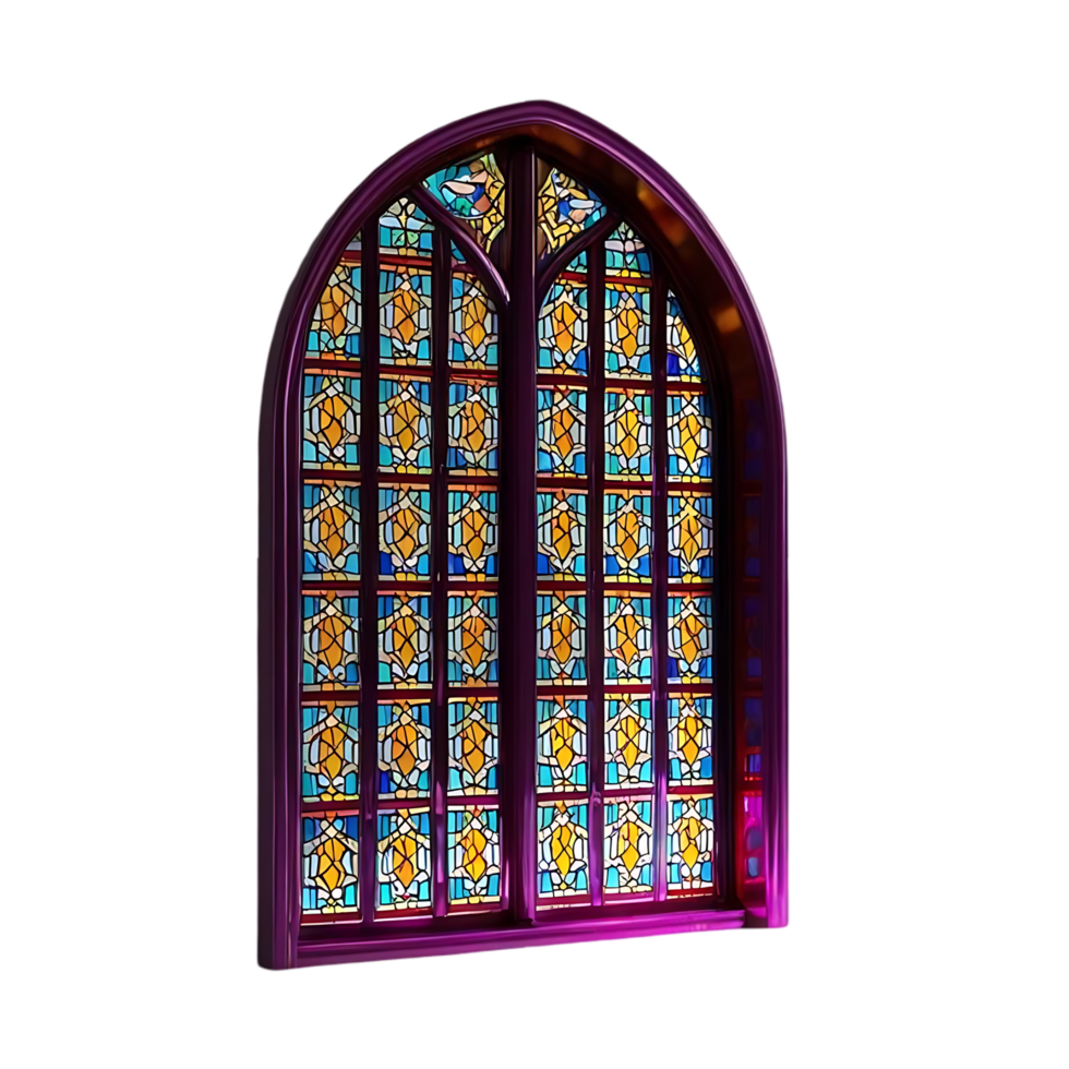 Stained glass window with arched frame design art png