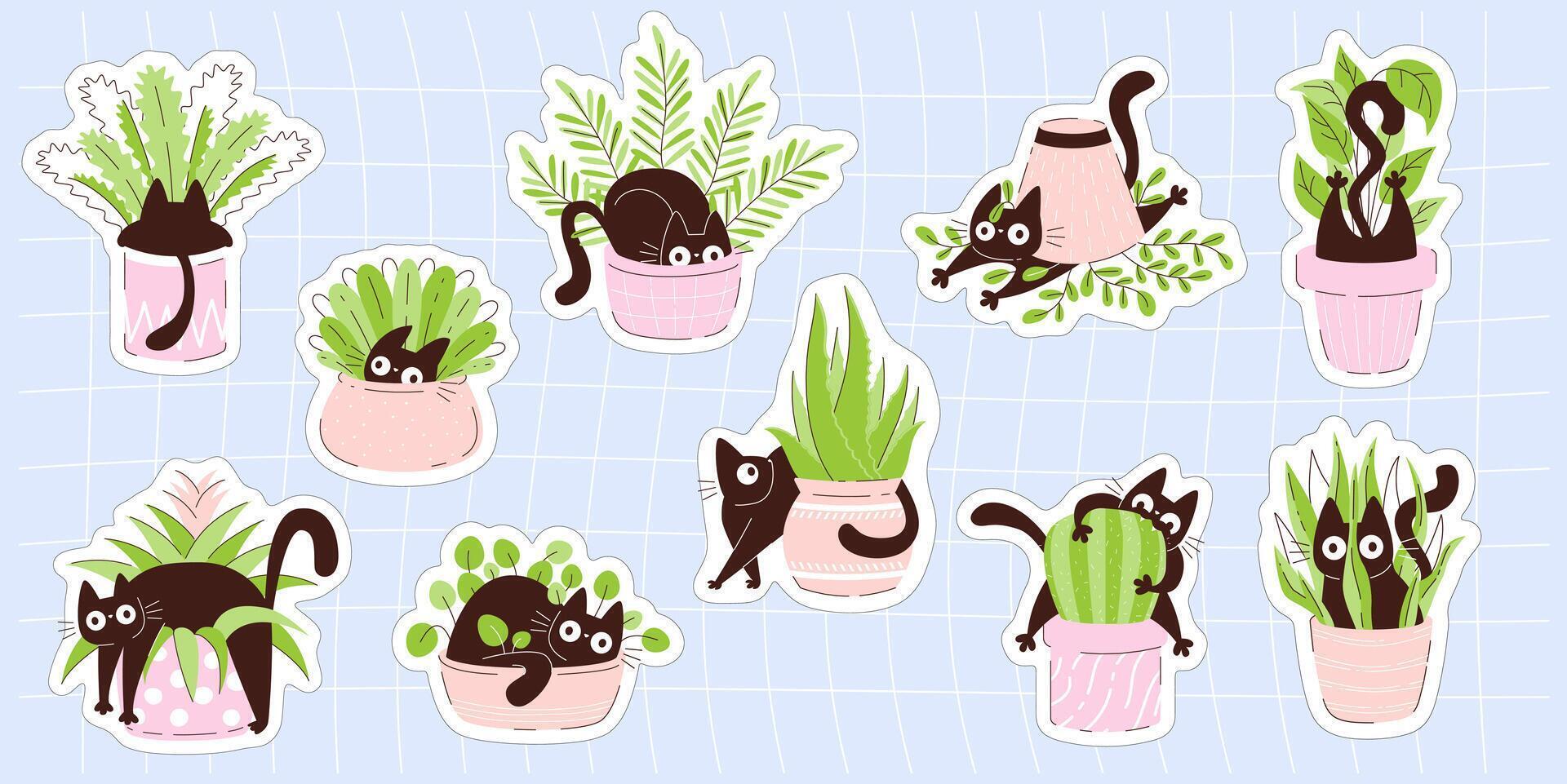 Cats playing in plant pots stickers vector