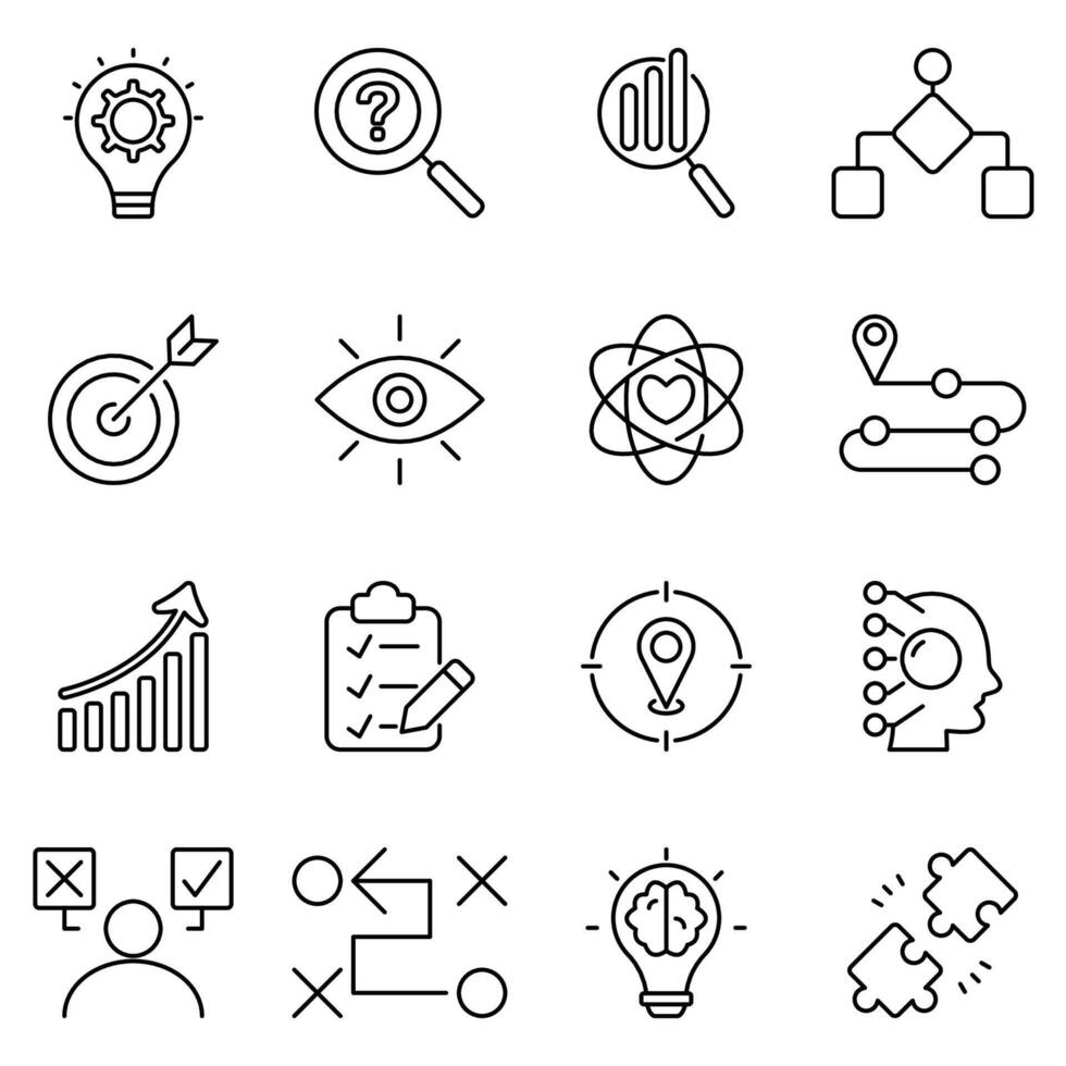 Set of 16 outline icons related to strategy. Editable stroke. Icons are strategy, problem analysis, workflow, mission, vision, values, decision making, tactics, idea, problem solving vector