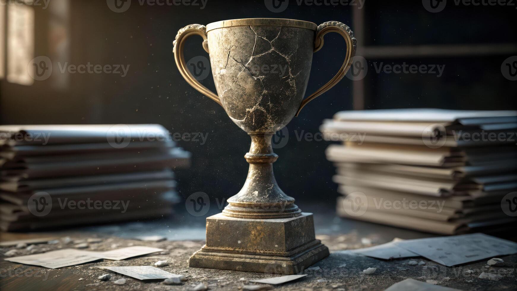 Cracked old trophy stands among dusty papers symbolizing unrealistic expectations of glory and achievement in forgotten setting photo