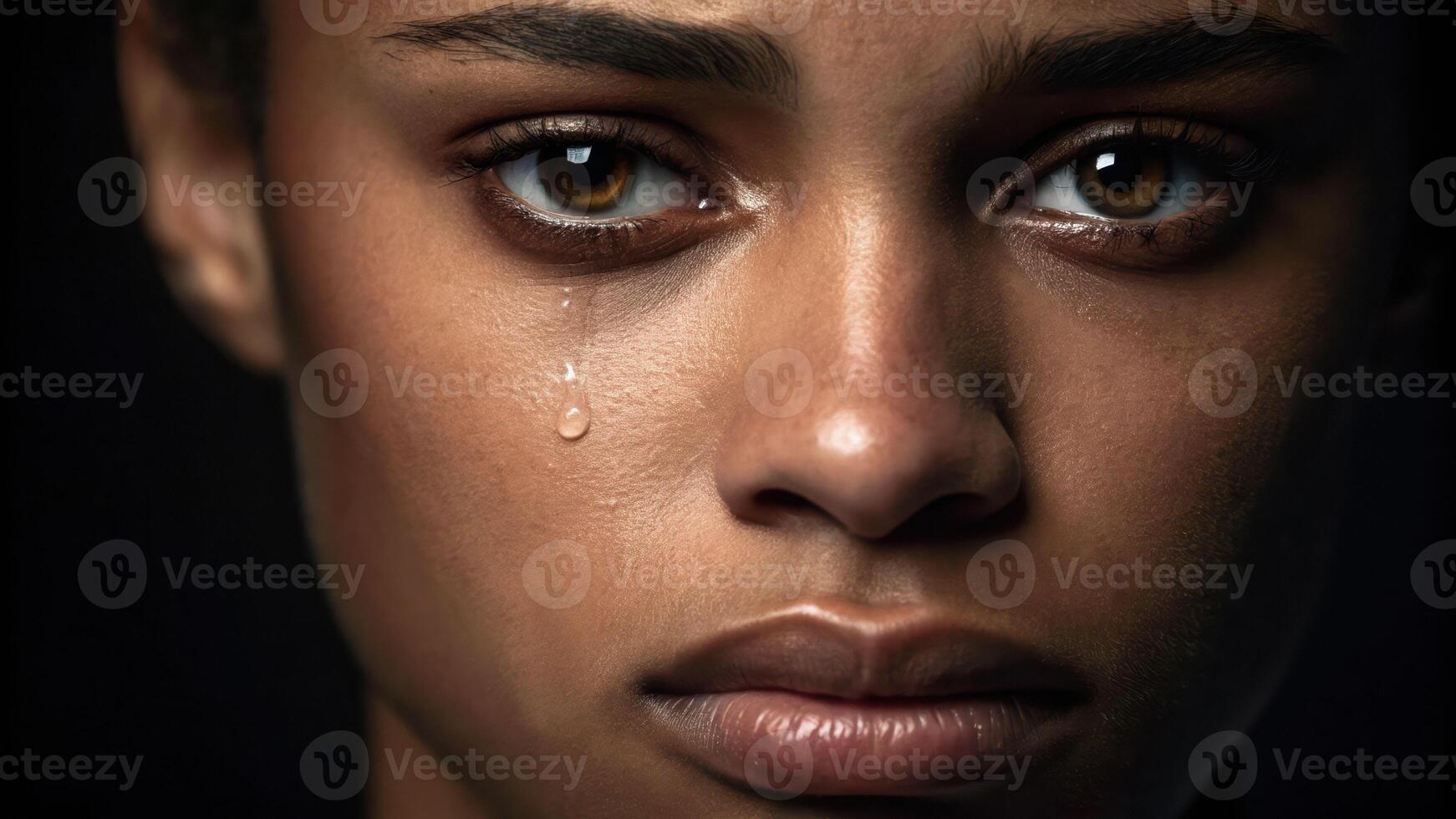 Emotional close up of young woman with brown eyes and tear on cheek expressing unresolved trauma and deep sadness in dim light photo