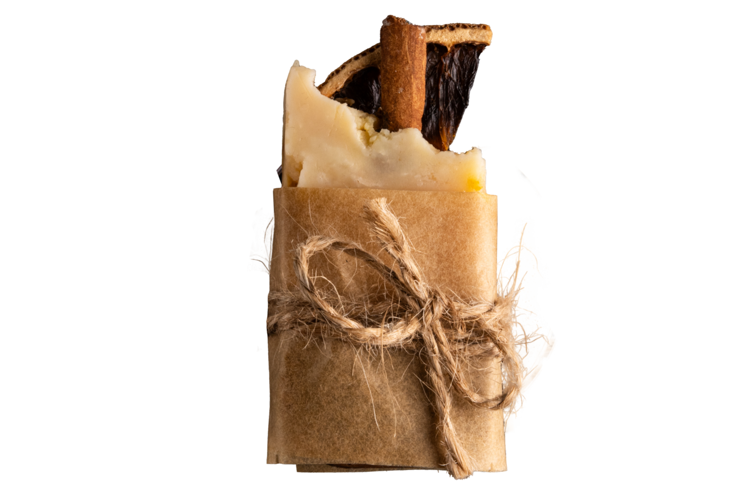 Homemade cinnamon soap is packed in paper and tied with a rope png