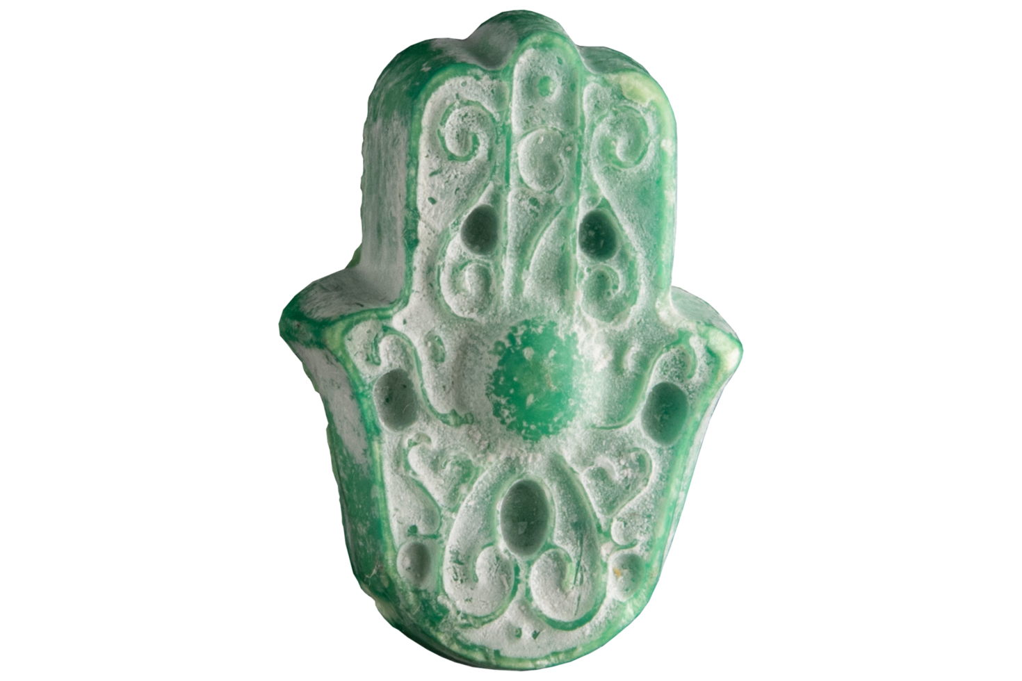 Handmade green jasmine soap in the shape of Fatimas hand png