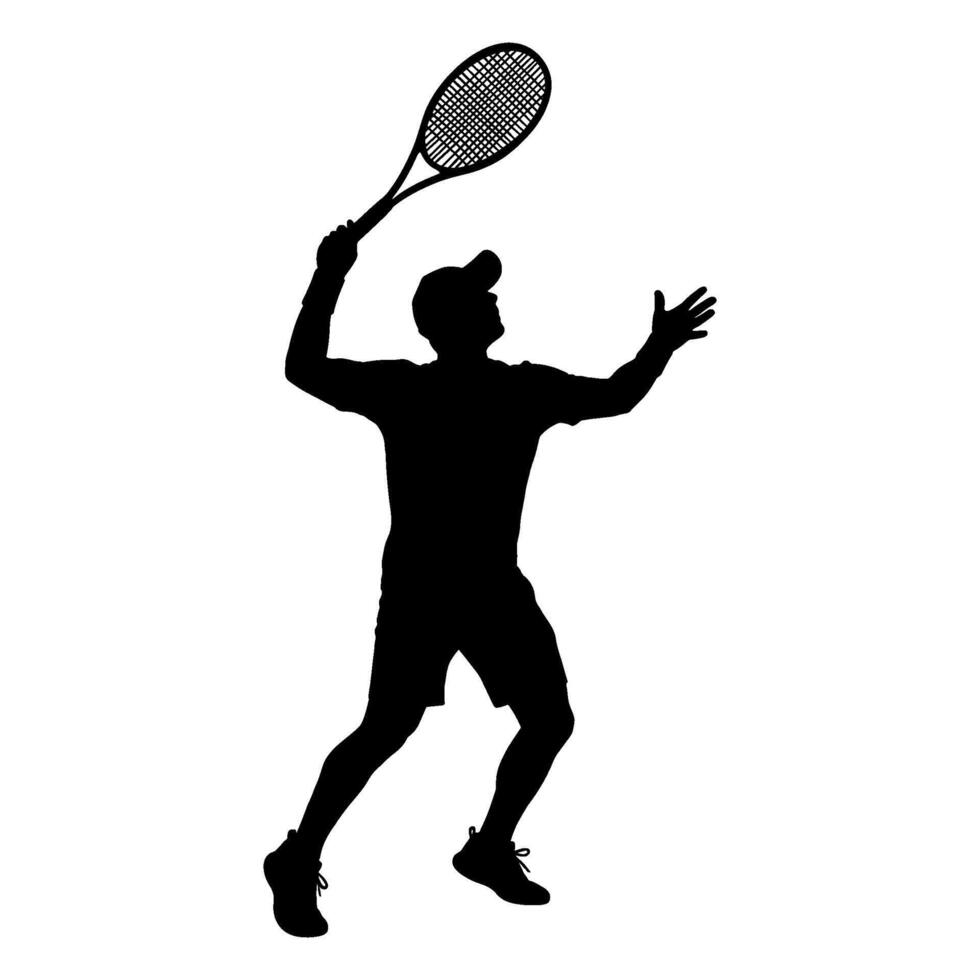 Black silhouette of an athlete in action during a tennis match vector