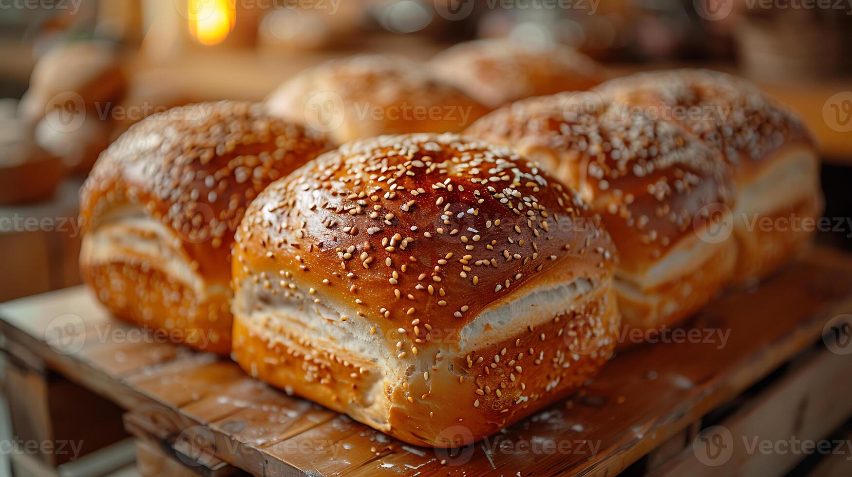 A bunch of bread on a wooden tray photo