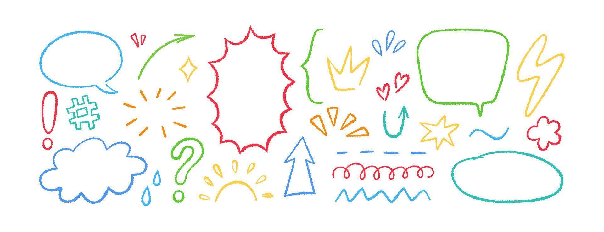 Crayon doodle elements. Hand drawn speech bubbles, star, cloud. Color pencil underline, arrow, spark drawing. Kids doodle chalk style flower, sun and drops. illustration on white background vector