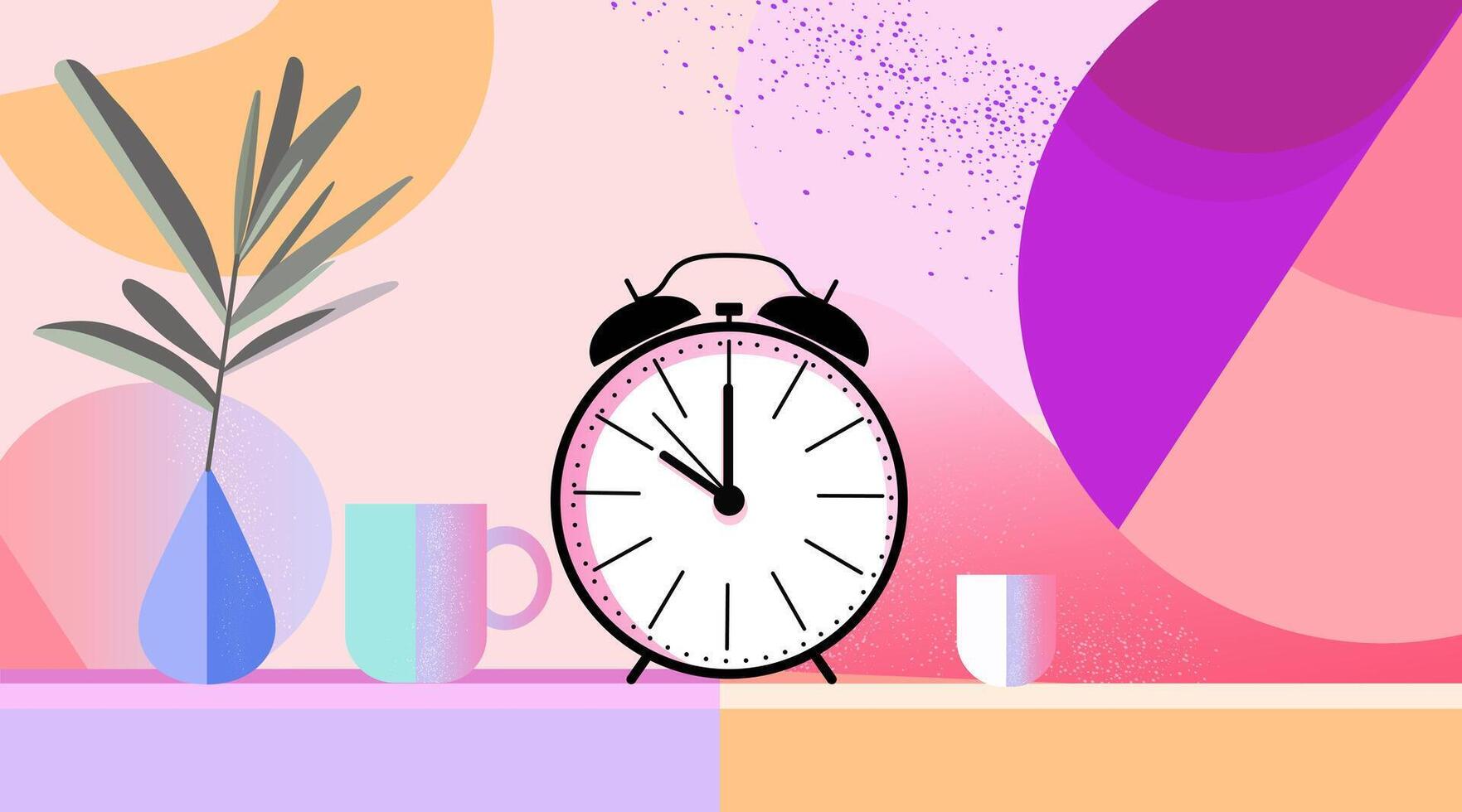 An alarm clock is sitting on a table next to a cup of coffee vector