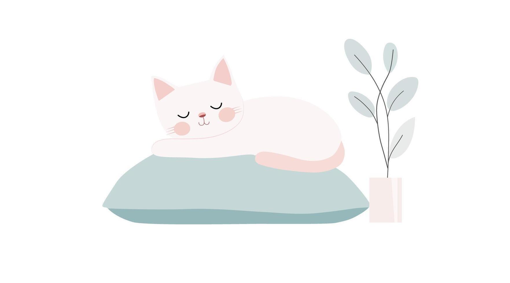 A white cat is sleeping on a pillow vector