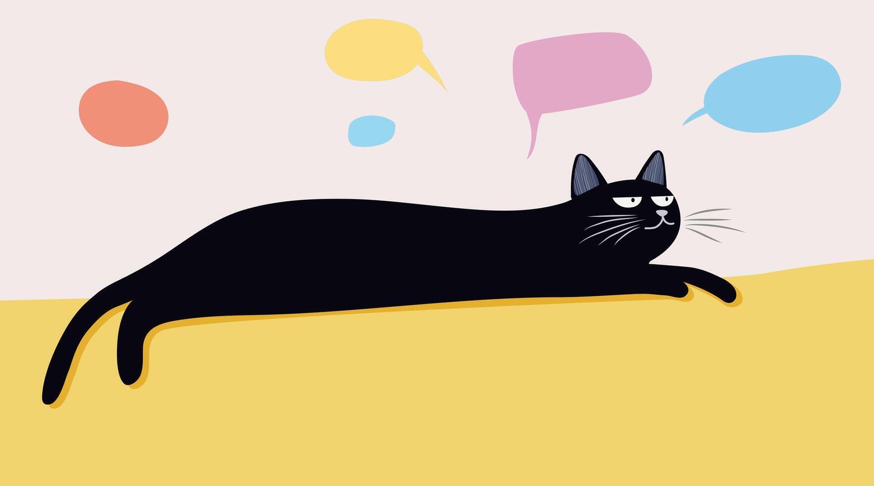 A black cat is laying on a yellow background with speech bubbles vector