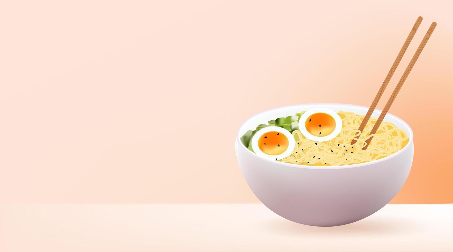 Ramen noodles with eggs and chopsticks on a pink background vector