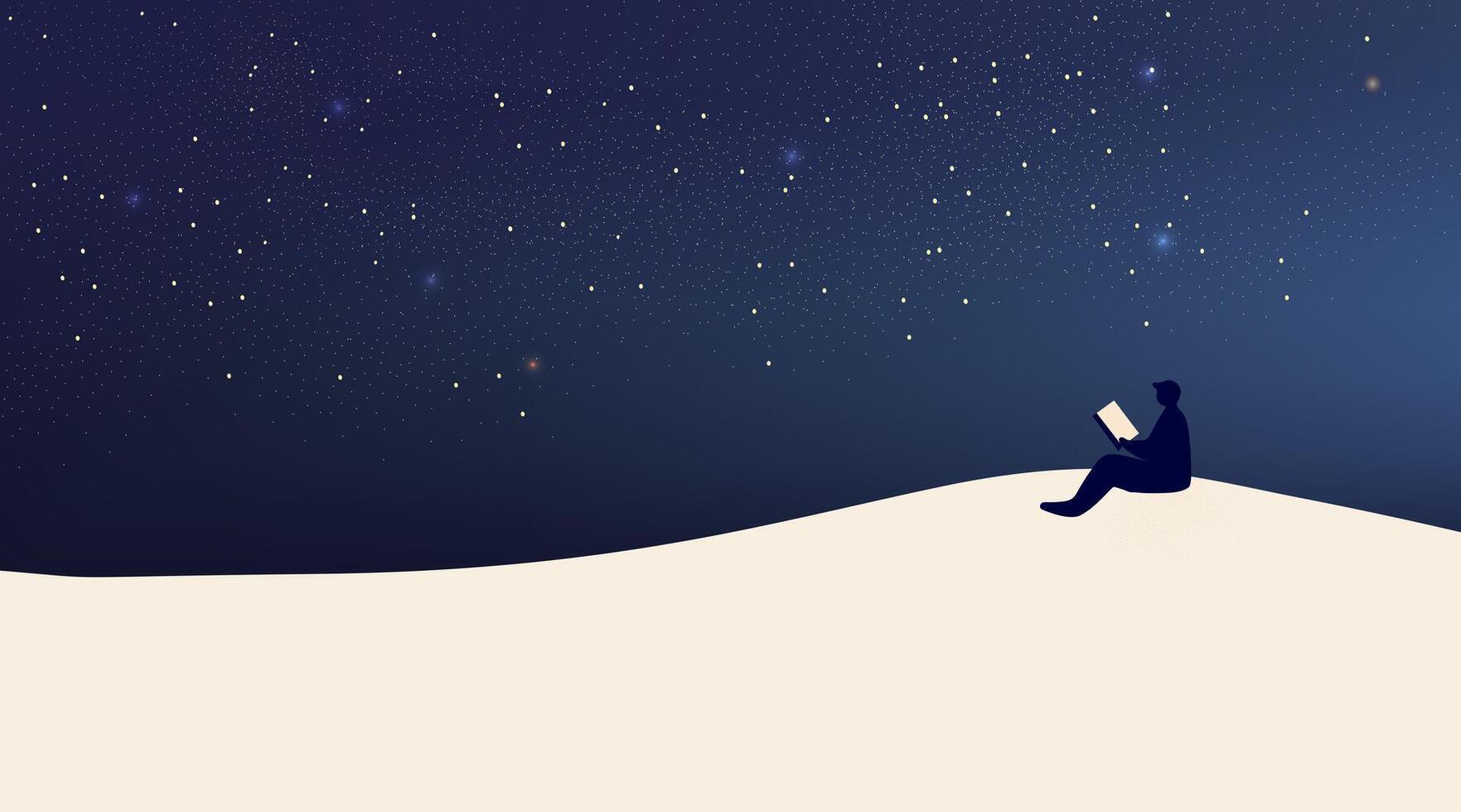 A man sitting on a hill reading a book at night vector