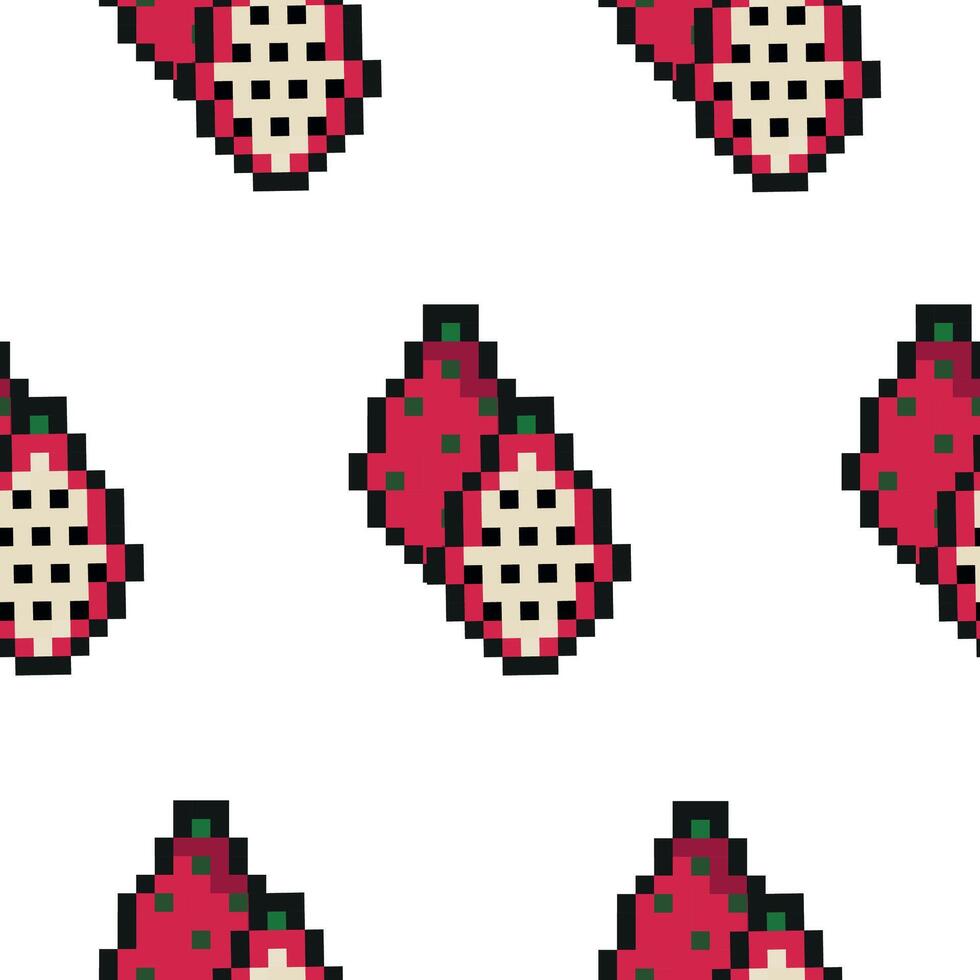 pattern with exotic fruit in pixel art style, namely dragon fruit icons, retro 8-bit graphics style with visible square pixels and minimal color palette vector