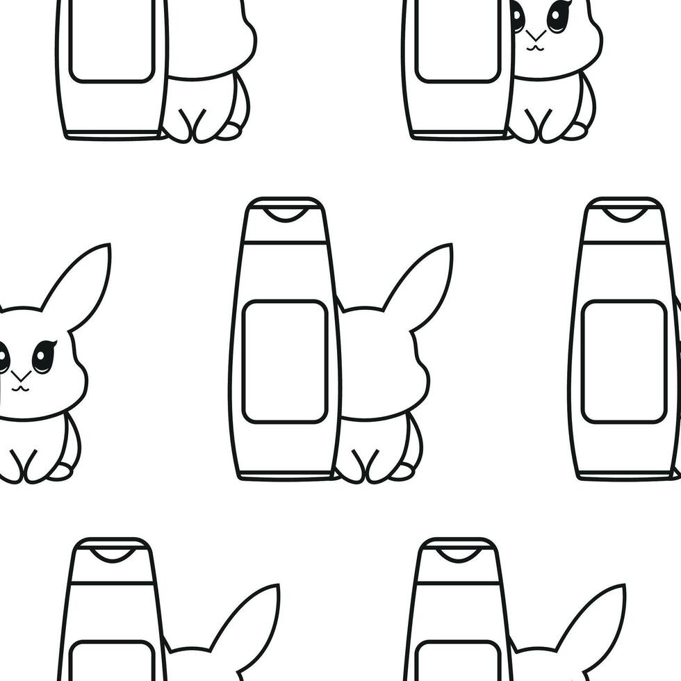 pattern of two simple black and white checkmark icons with a long cosmetic jar with rabbits next to it, meaning that the cosmetic products are not tested on animals vector