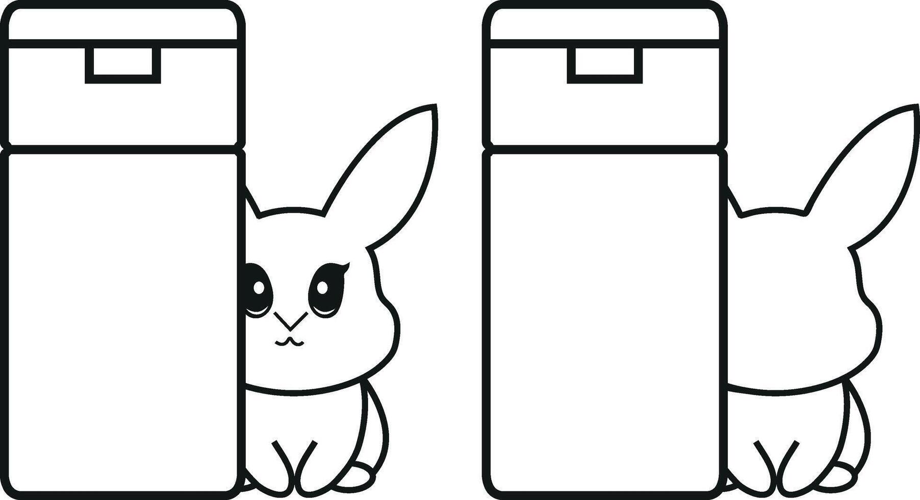 set of two simple black and white checkmark icons with rectangular cosmetic tubes with rabbits next to them, meaning that cosmetic products are not tested on animals vector