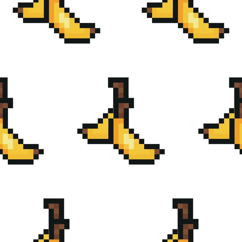 pattern with exotic fruit in pixel art style, namely banana icons, retro 8-bit graphics style with visible square pixels and minimal color palette vector