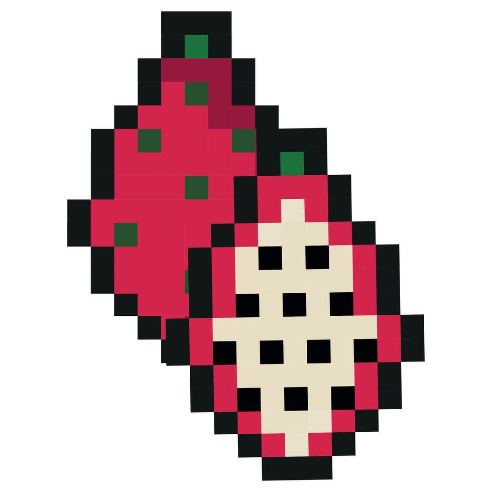 pixel art style exotic fruit icon, namely dragon fruit icons, retro 8-bit graphics style with visible square pixels and minimal color palette vector