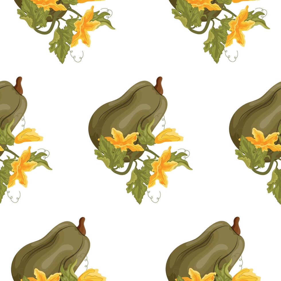 pattern with long green pumpkin and green tops with yellow flowers and green leaves next to it, for autumn print, textile or packaging vector