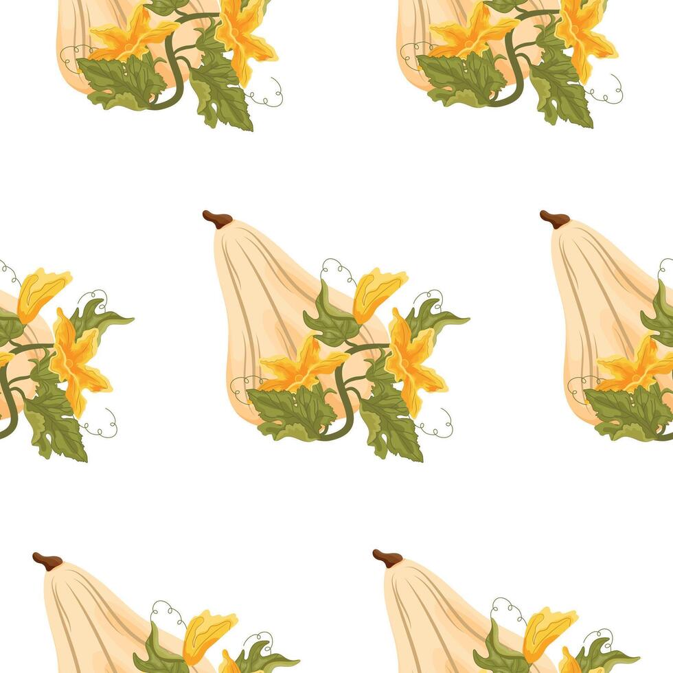 pattern with white oval pumpkin and green tops with yellow flowers and green leaves next to it, for autumn print, textile or packaging vector